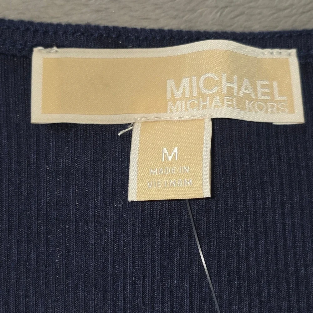Michael Kors Navy Ribbed Tie‎ Front Button Top Womens Size Medium NWT New